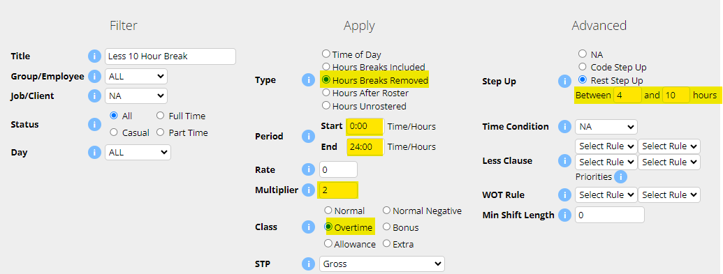 an image of a shift rule configuration for advanced Rest Step Up condition