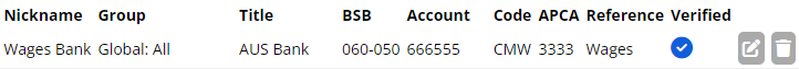 an image of a bank account that has been verified as indicated by the blue tick icon under the Verified column