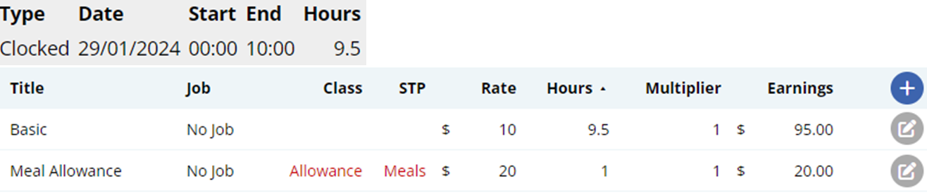 an image of the payslip and timesheet entry with the meal allowance triggering