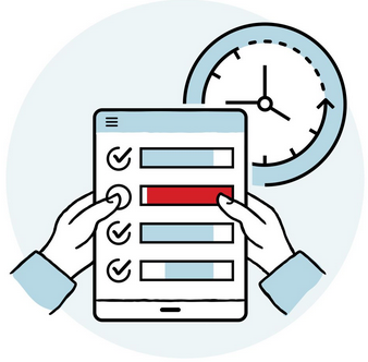 illustration for timesheets with clock and a tablet device with clocked hours of a timesheet