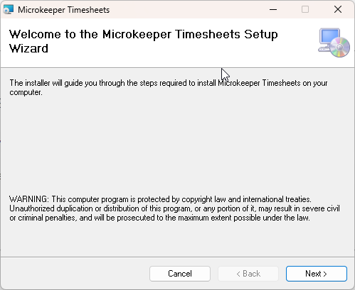 Microkeeper timesheets setup wizard app window