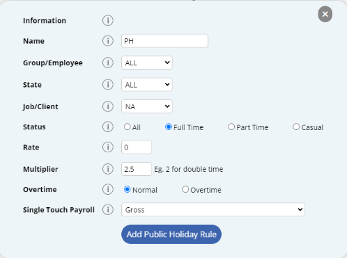 worked public holiday rule configured to pay 2.5x multiplier