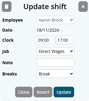 the 'Update Shift' window in a timesheet adjustment interface. The window displays fields for adjusting a shift, including Employee, Date, Clock (start and end times), Job, Note, and Breaks. Buttons at the bottom include 'Clone,' 'Revert,' and 'Update,' allowing users to confirm changes or reset hours to match the roster."