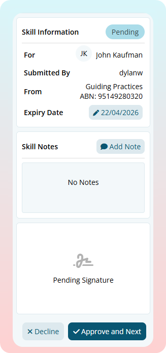 Skill Information panel showing submission status, employee details, expiry date, skill notes section, and Decline or Approve and Next buttons