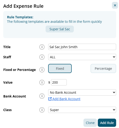 Example of a configured Expense rule for salary sacrifice