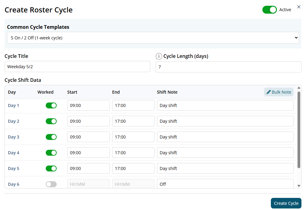 Create Roster Cycle form showing the Weekday 5/2 template, a 7-day cycle, worked shifts from 09:00 to 17:00, and off days marked Off.