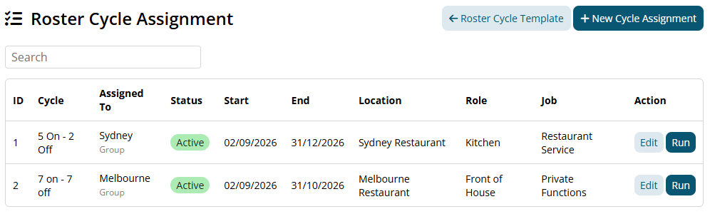 Roster Cycle Assignment page showing the search field, two active group assignments with their cycle names, dates, locations, roles and jobs, plus Edit and Run actions.