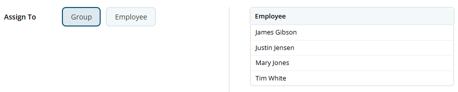 Cycle assignment form showing Group selected under Assign To, with Employee as the alternate option and four matched employees listed.
