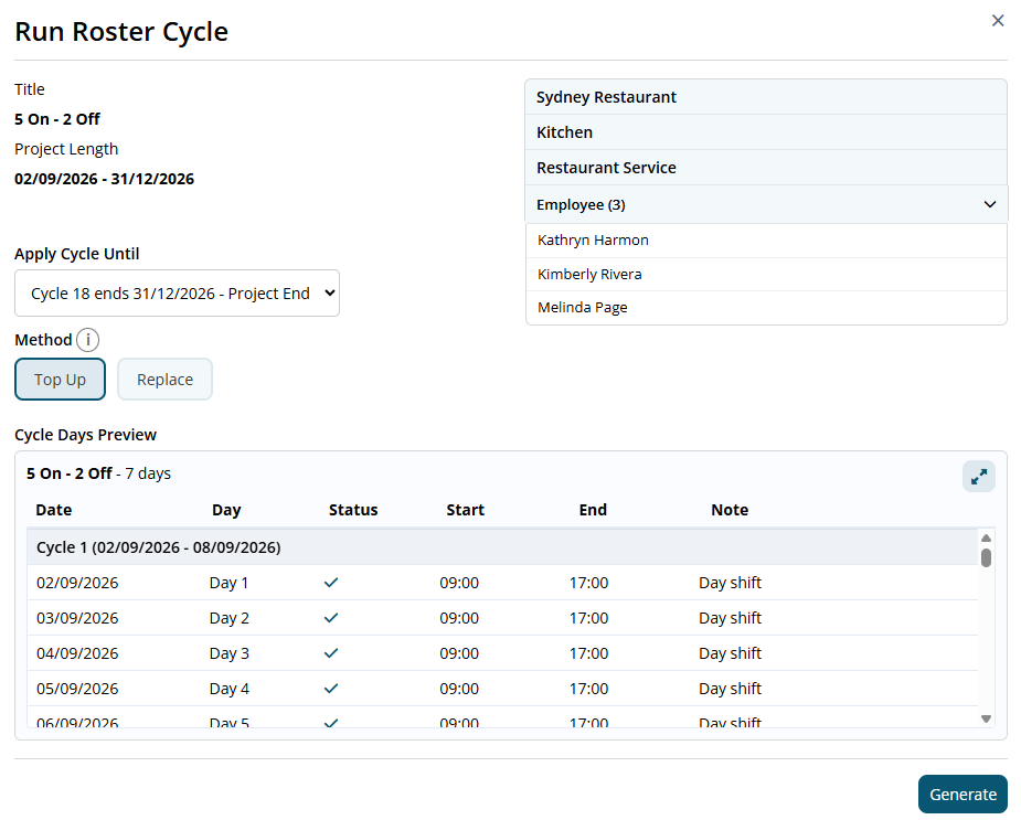 Run Roster Cycle window showing the selected cycle, project length, Project End date, Top Up or Replace methods, three expanded employees, Cycle Days Preview, and the Generate button.