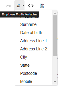 An image of the Employee Profile Variable button and the possible variable options in a drop down box. 