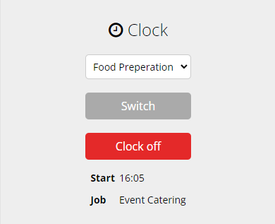 Image of clocked status with job switch button and clock off button