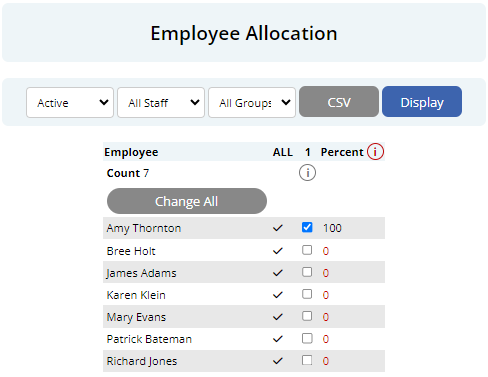 An image of the Employee Allocation area with list of employees displayed. Employee "Amy Thorton" is selected in the Allocation area