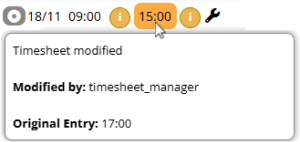 "Screenshot of a timesheet entry displaying a highlighted clocked time adjustment. The adjusted time is shown in orange (15:00) with a tooltip visible on hover. The tooltip includes details such as 'Timesheet modified,' the modifier ('Modified by: timesheet_manager'), and the 'Original Entry: 17:00,' indicating the previous clocked time before the adjustment."