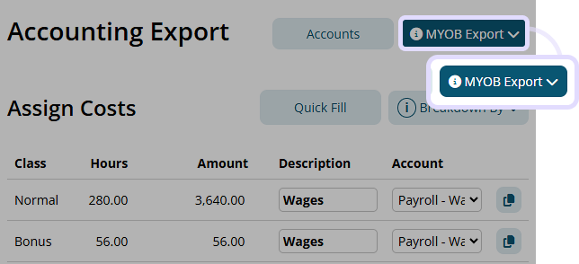 The download MYOB Export button