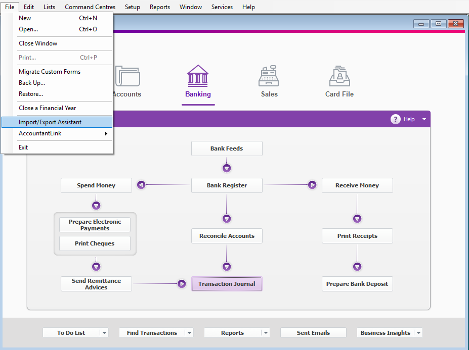 MYOB interface navigated to Files > Import/Export Assistant