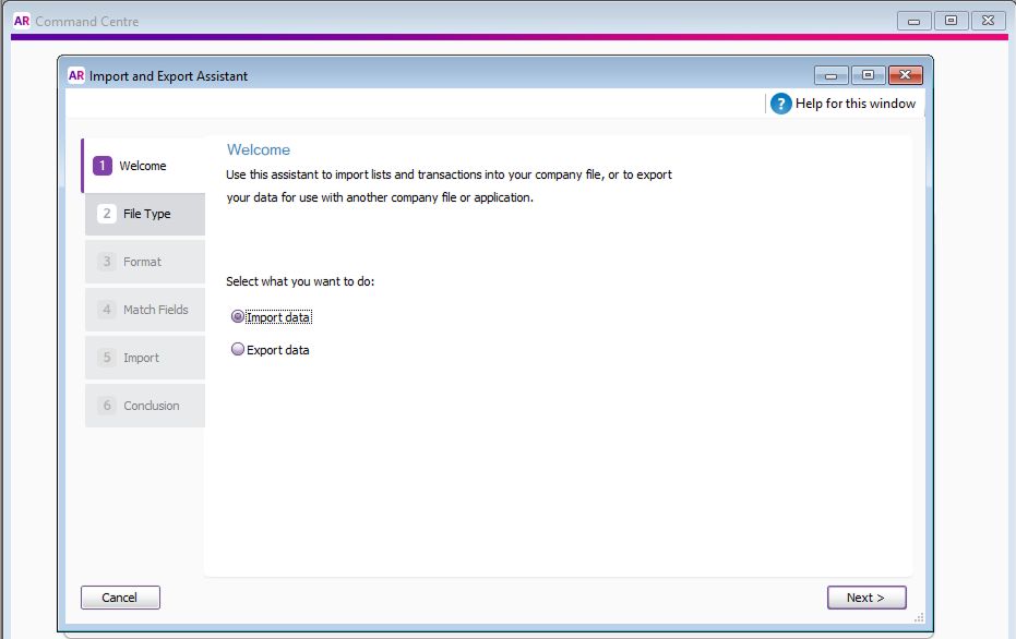 MYOB interface and selecting Import Data