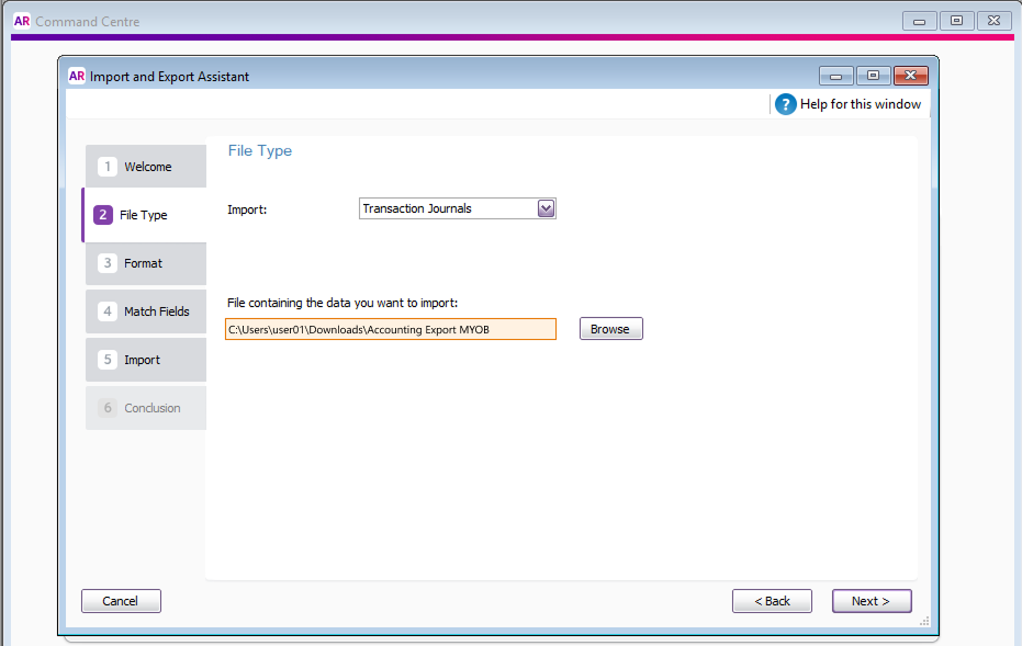 MYOB interface and selecting import file type "transaction journal" and selecting the myob export file