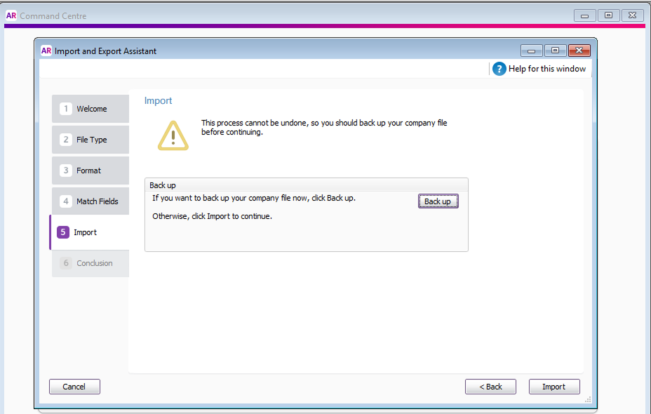 MYOB interface confirming the import