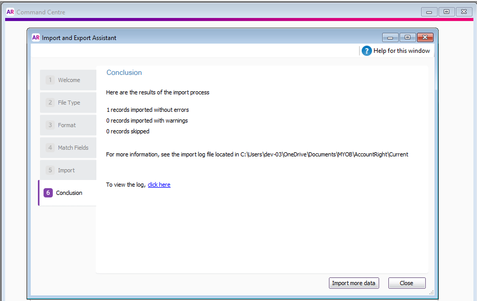 MYOB interface import successful