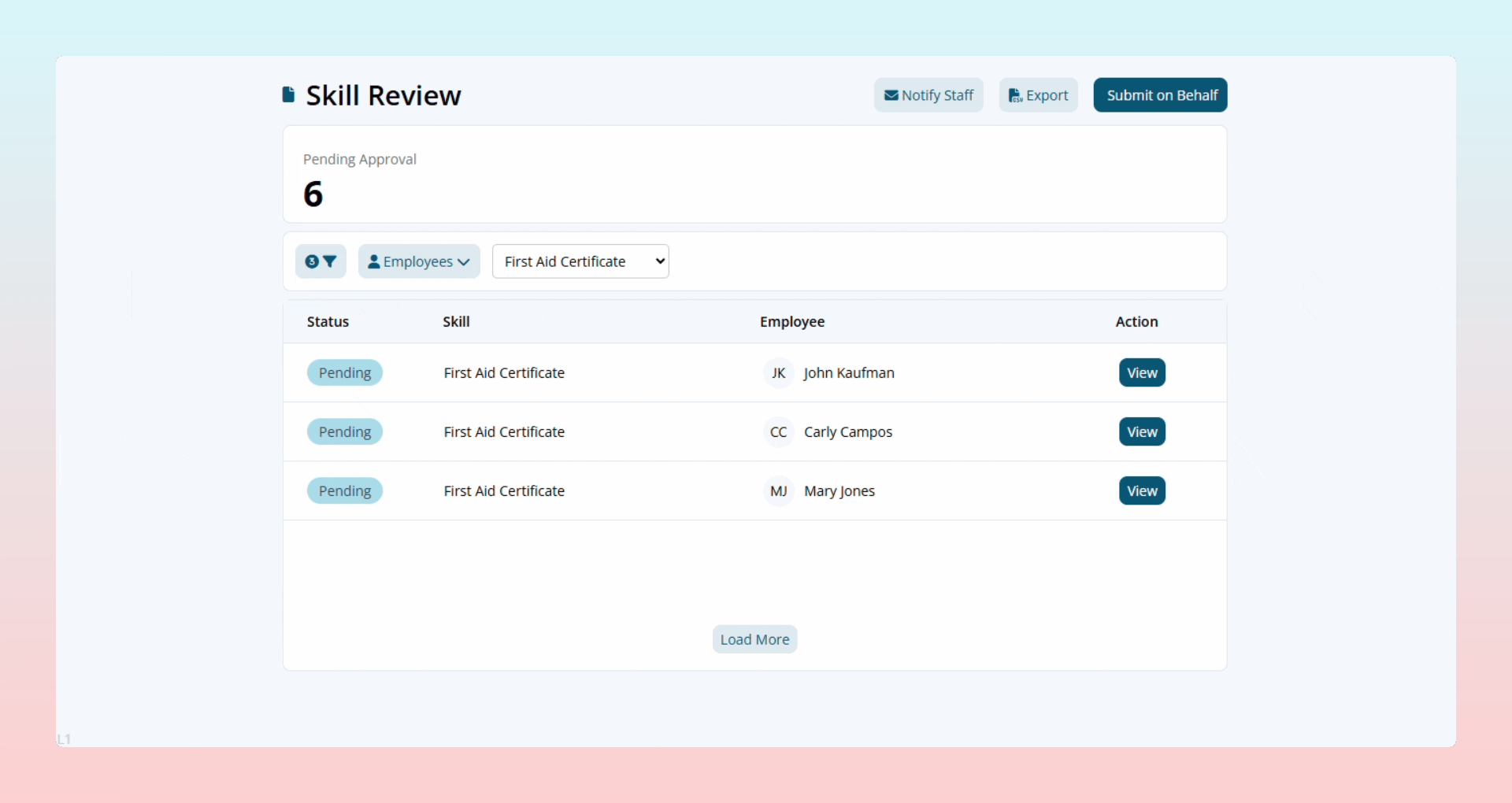 Gif showing user clicking the view button on a submitted skill to enter the Skill Submission Review Page