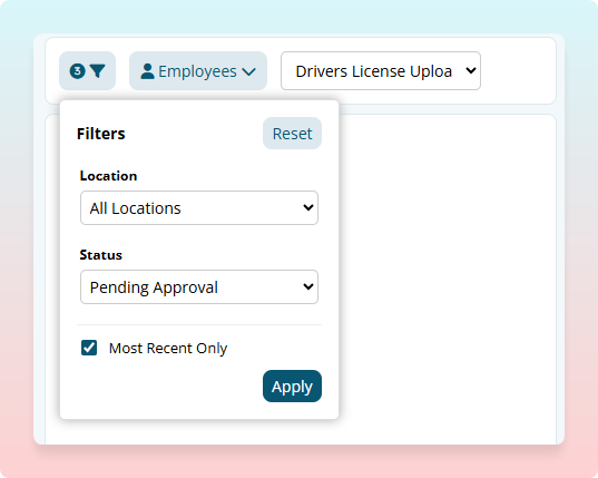 Filter panel used to refine Skills Review submissions by location and status