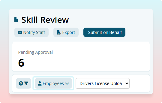 Skills Review page header showing Notify Staff, Export, Submit on Behalf buttons and the Employees filter dropdown highlighted