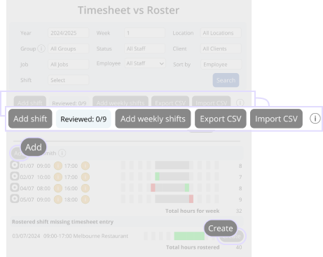 the action buttons highlighted on the timesheet vs roster page