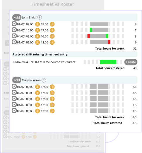 the employee list highlighted on the timesheet vs roster page