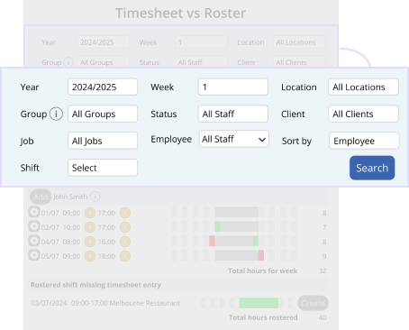 the filter bar highlighted on the timesheet vs roster page